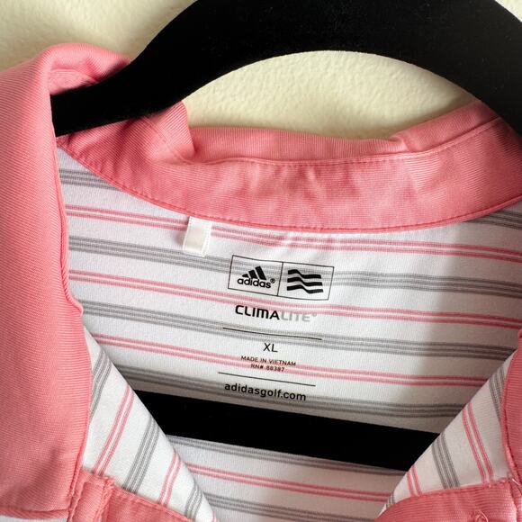Adidas White + Pink Striped Short Sleeve Golf Polo Tee - XL - Picture 3 of 6